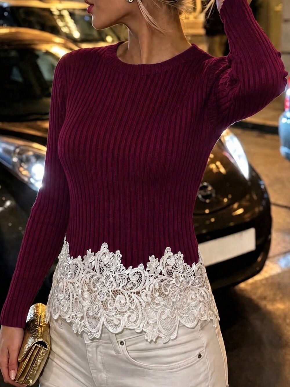 Burgundy Casual Women's Ribbed Round Neck Lace Trim Knit Top